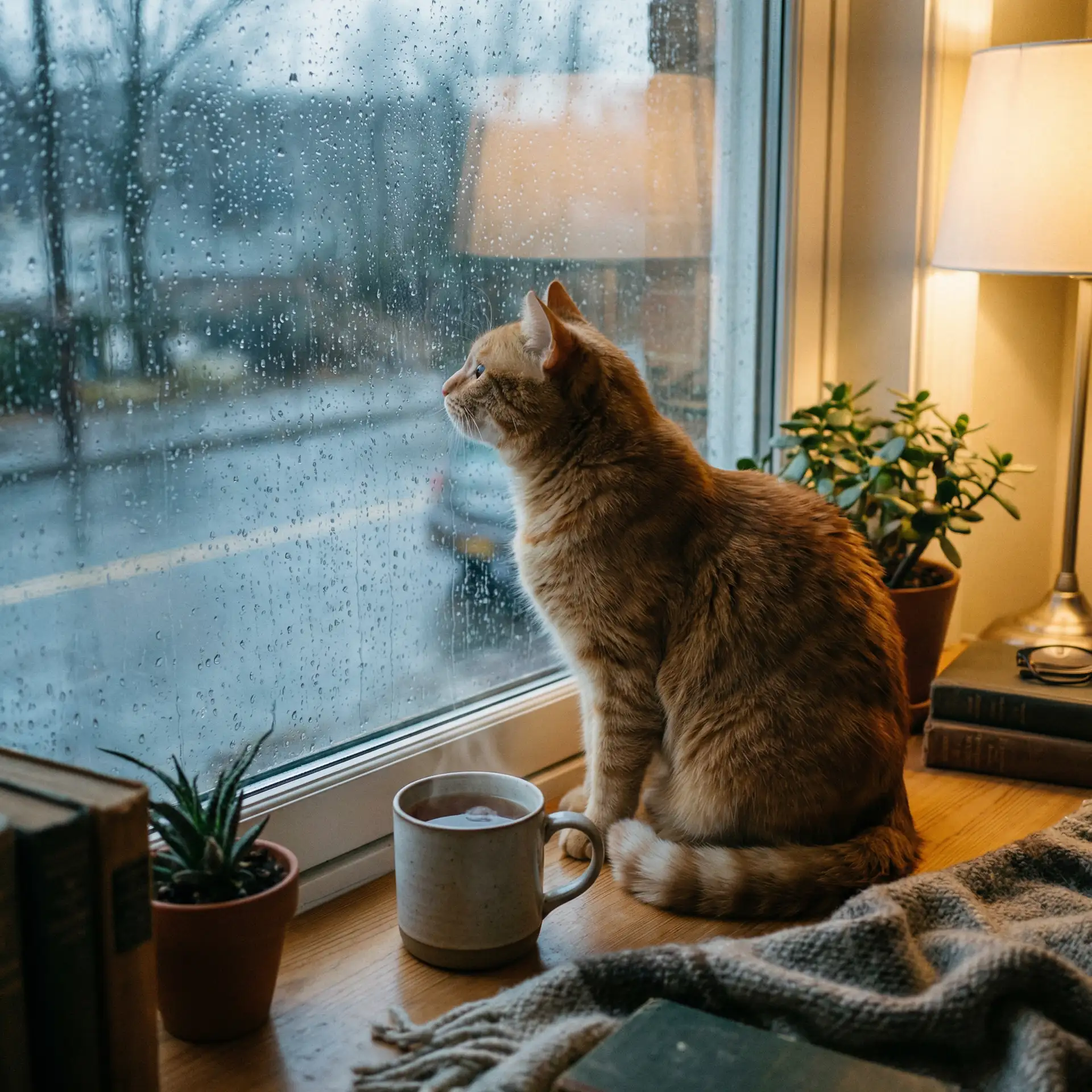 猫咪望着窗外的雨 - 1分11秒视频